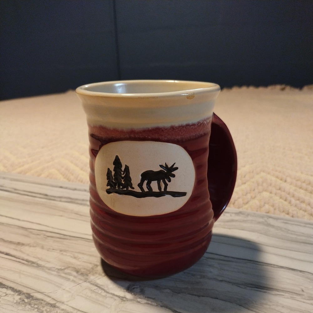 DEI Burgundy Tan Hand Warmer Mug Moose Trees Glazed Pottery Wildlife Nature 5"